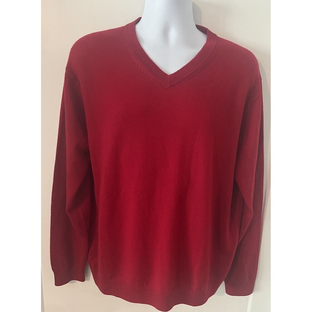 Turnbury Merino Wool Red Solid V-Neck Grandpacore Preppy Minimalist Sweater Sz L